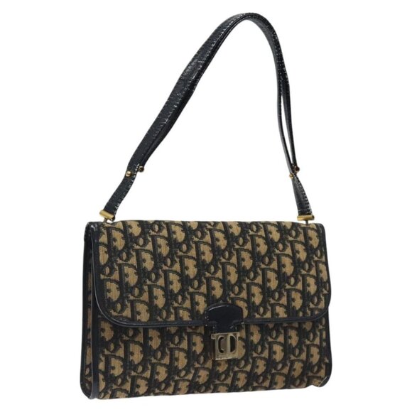 Christian Dior Trotter Canvas Shoulder Bag Navy Gold Auth KD451 - Picture 1 of 16